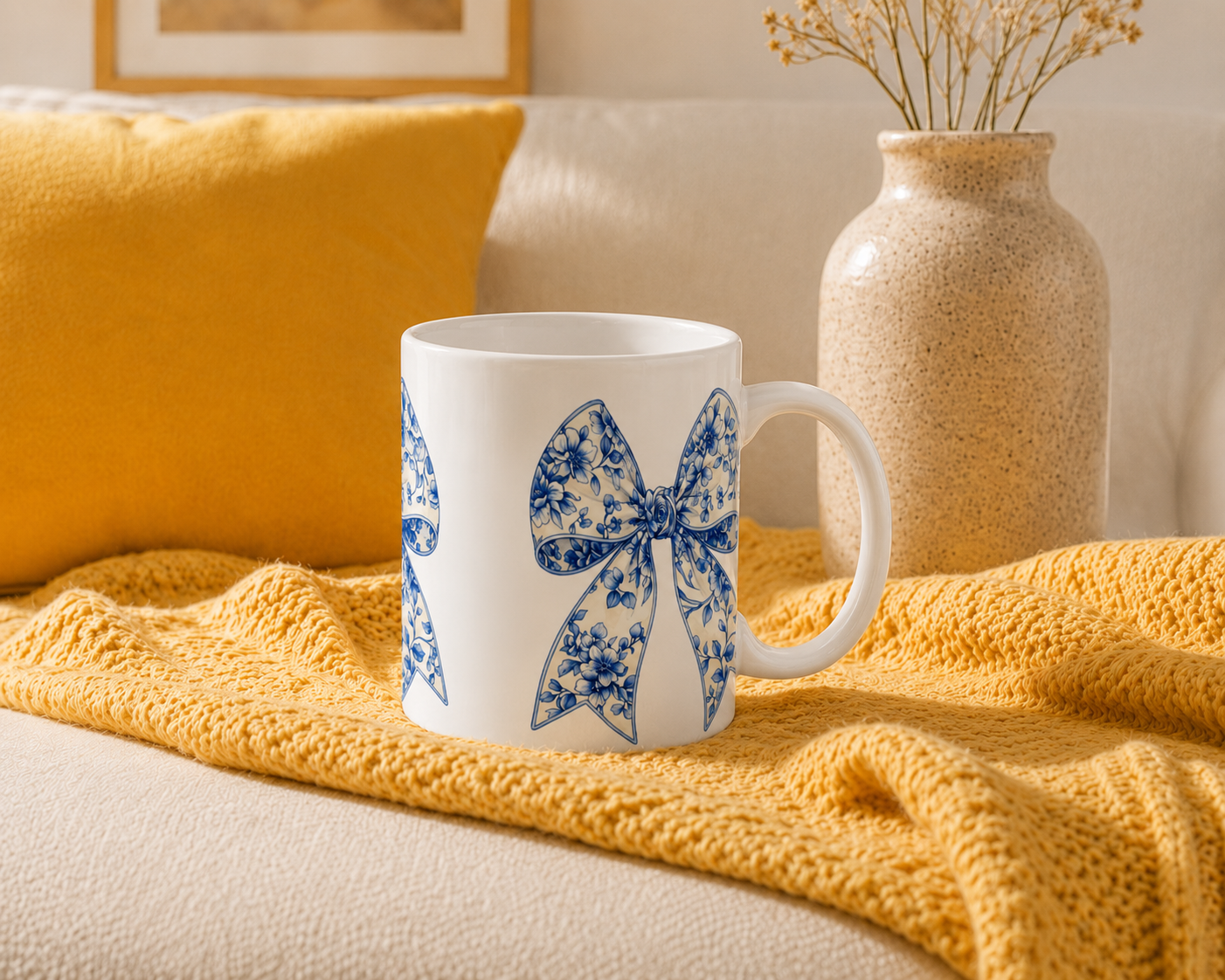 Blauwe Bloemen Strikken – Keramische Mok met Wit Handvat