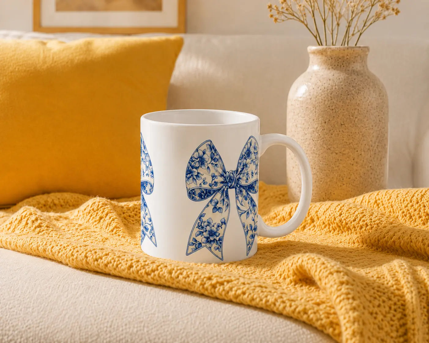Ceramic Mug Blue Flowers Bows – White Handle 325ml