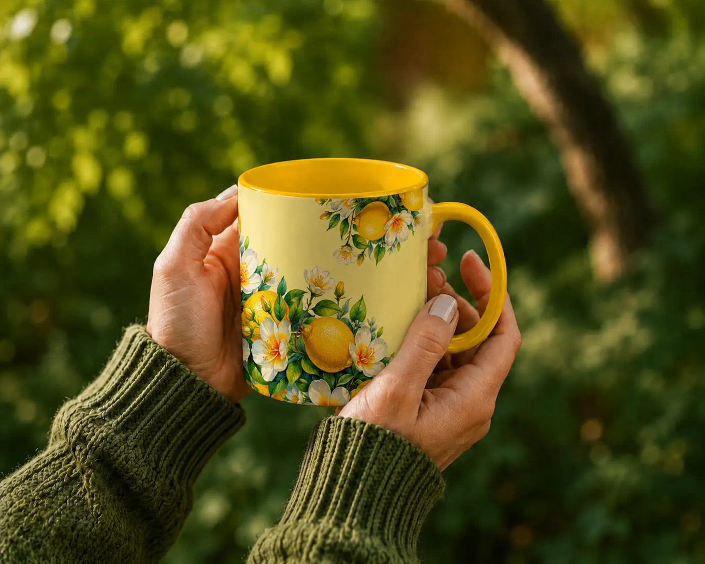 Ceramic Mug Lemons & White Blossoms – Yellow Handle 325ml