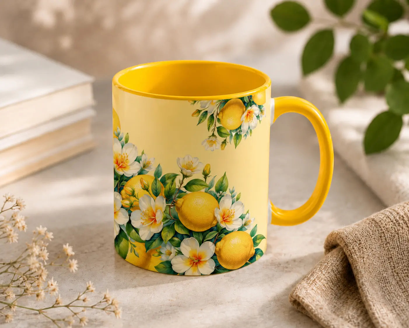 Ceramic Mug Lemons & White Blossoms – Yellow Handle 325ml