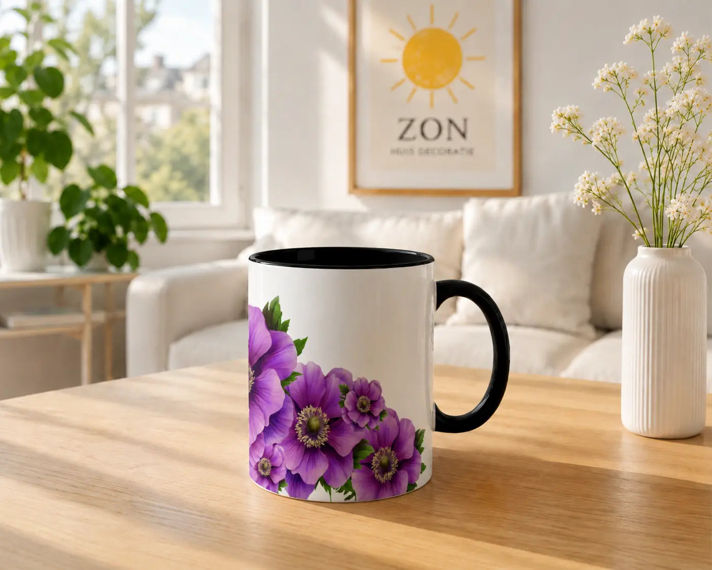 Ceramic Mug Purple Anemones - Black Handle 325ml