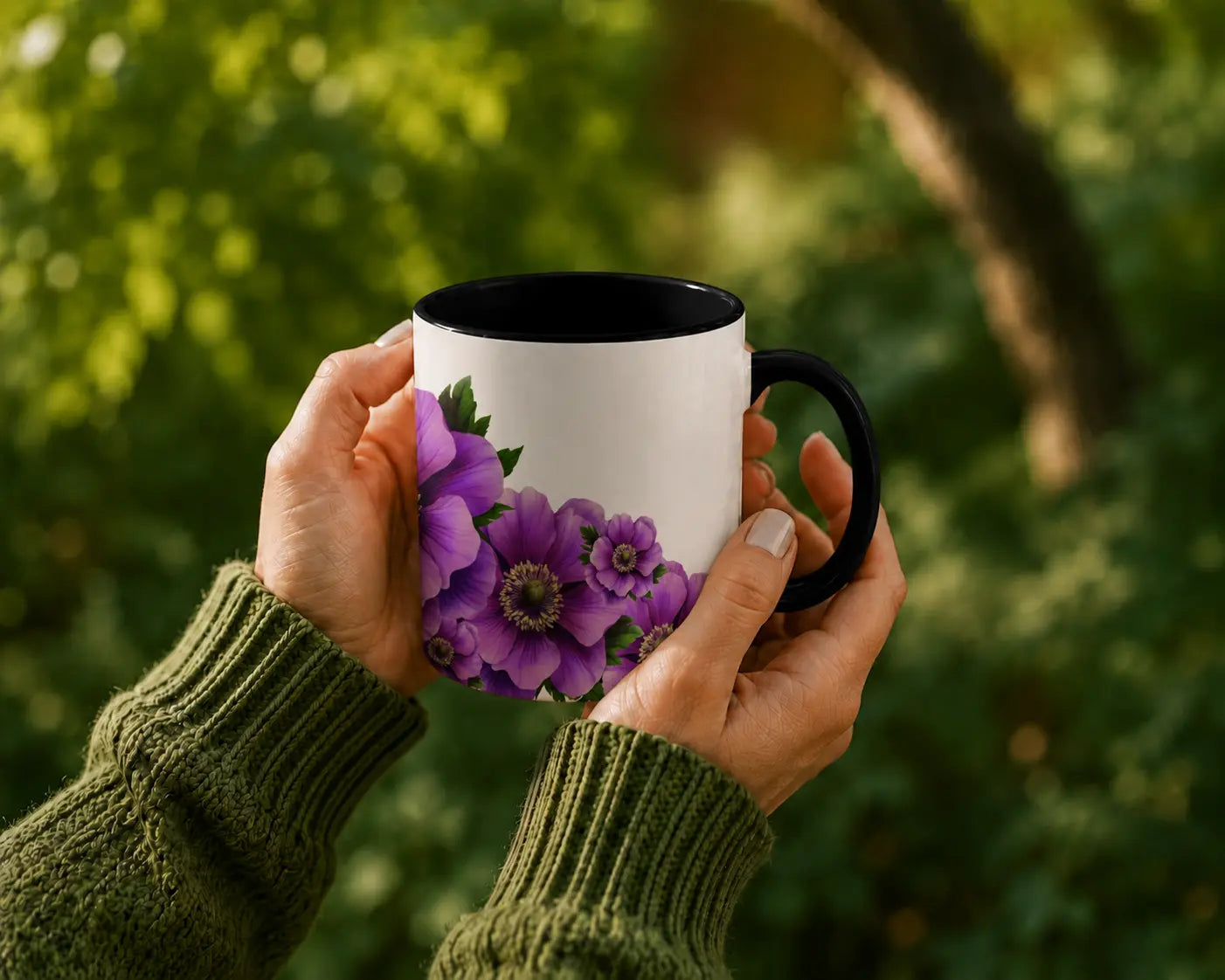 Ceramic Mug Purple Anemones - Black Handle 325ml
