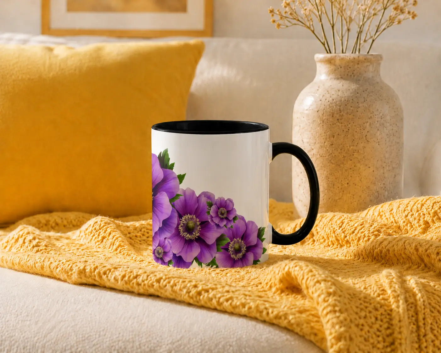 Ceramic Mug Purple Anemones - Black Handle 325ml