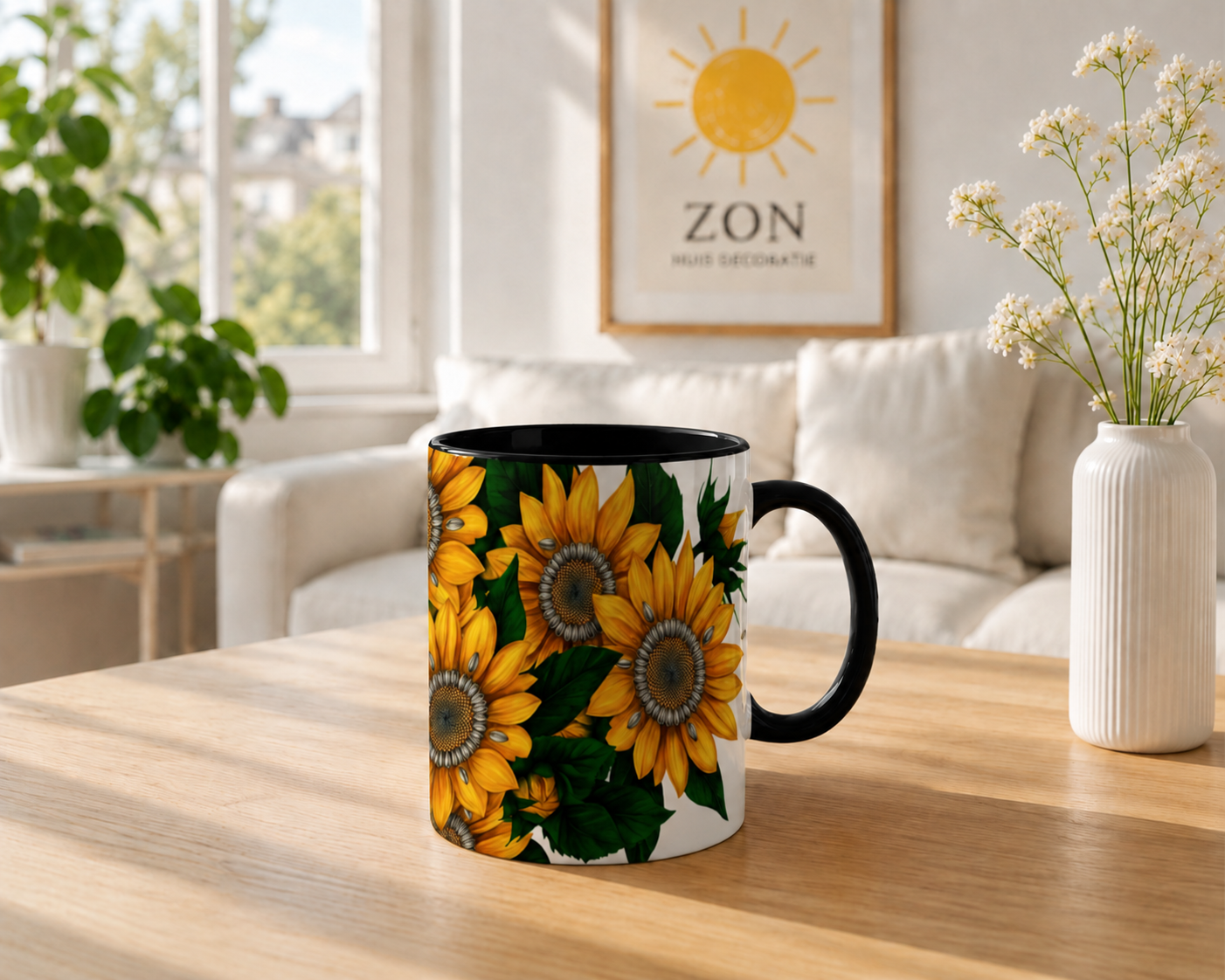 Zonnebloemen – Keramische Mok met Zwart Handvat
