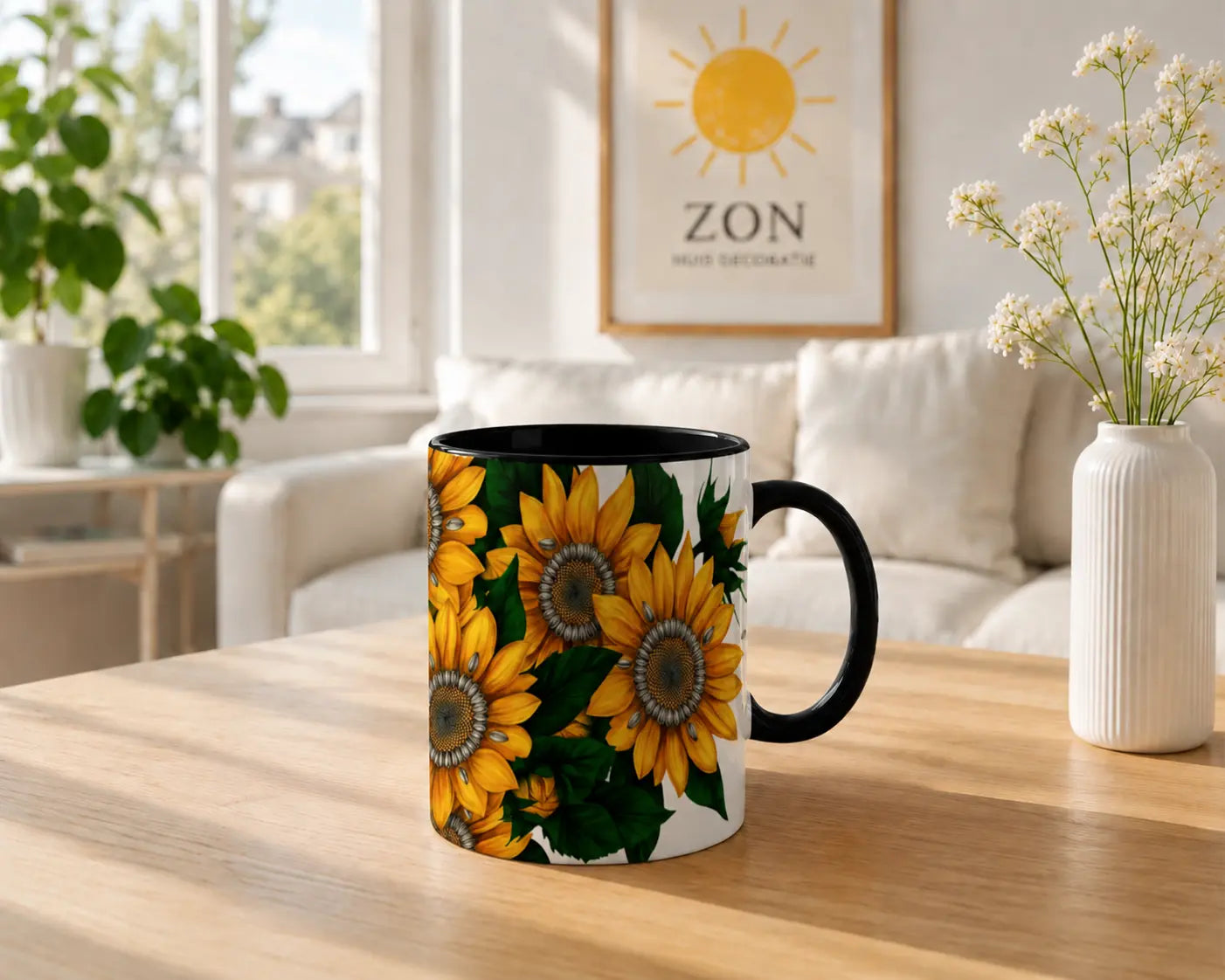 Ceramic Mug Sunflowers – Black Handle 325ml