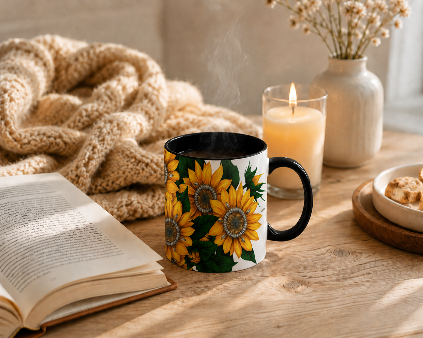 Zonnebloemen – Keramische Mok met Zwart Handvat