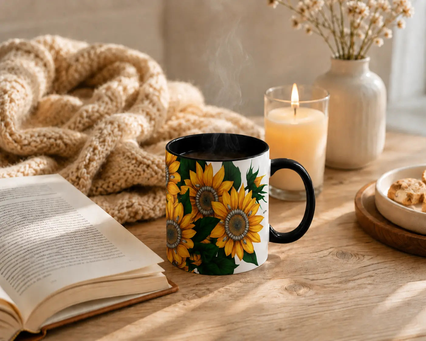 Ceramic Mug Sunflowers – Black Handle 325ml