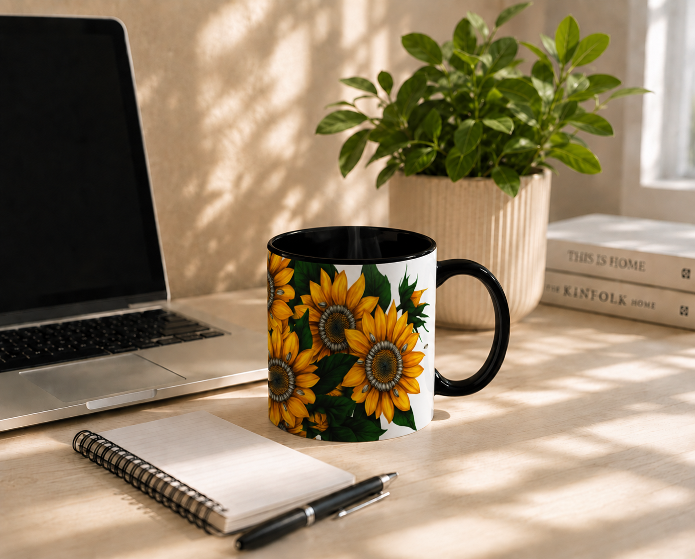 Zonnebloemen – Keramische Mok met Zwart Handvat