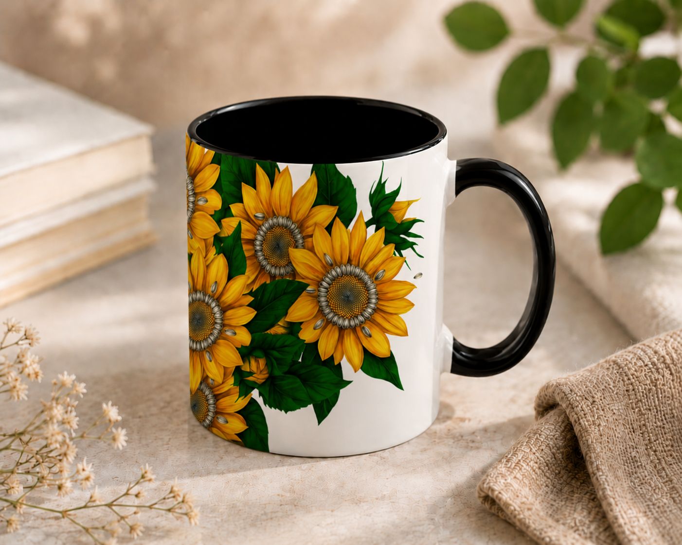 Zonnebloemen – Keramische Mok met Zwart Handvat