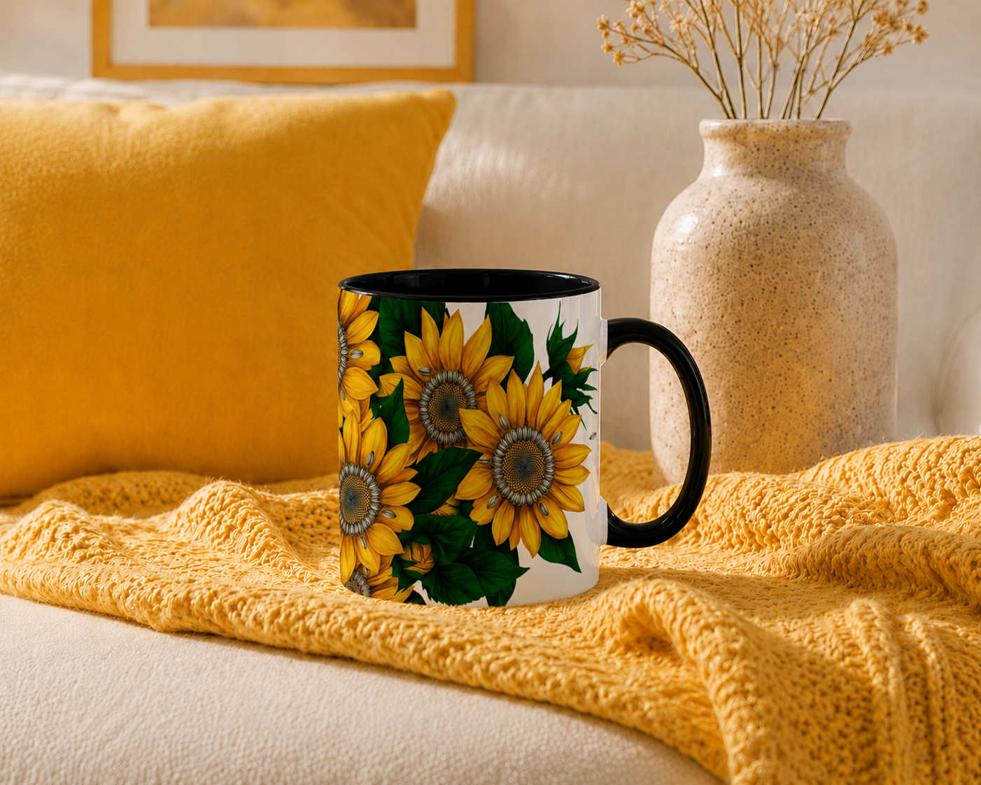 Zonnebloemen – Keramische Mok met Zwart Handvat