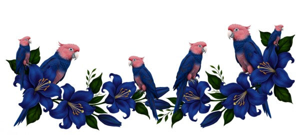 Keramische mok blauwe kaketoes zwart handvat 325ml exotisch bloemen