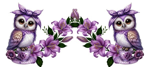 Keramische mok paars uiltje zwart handvat 325ml thee bloemen