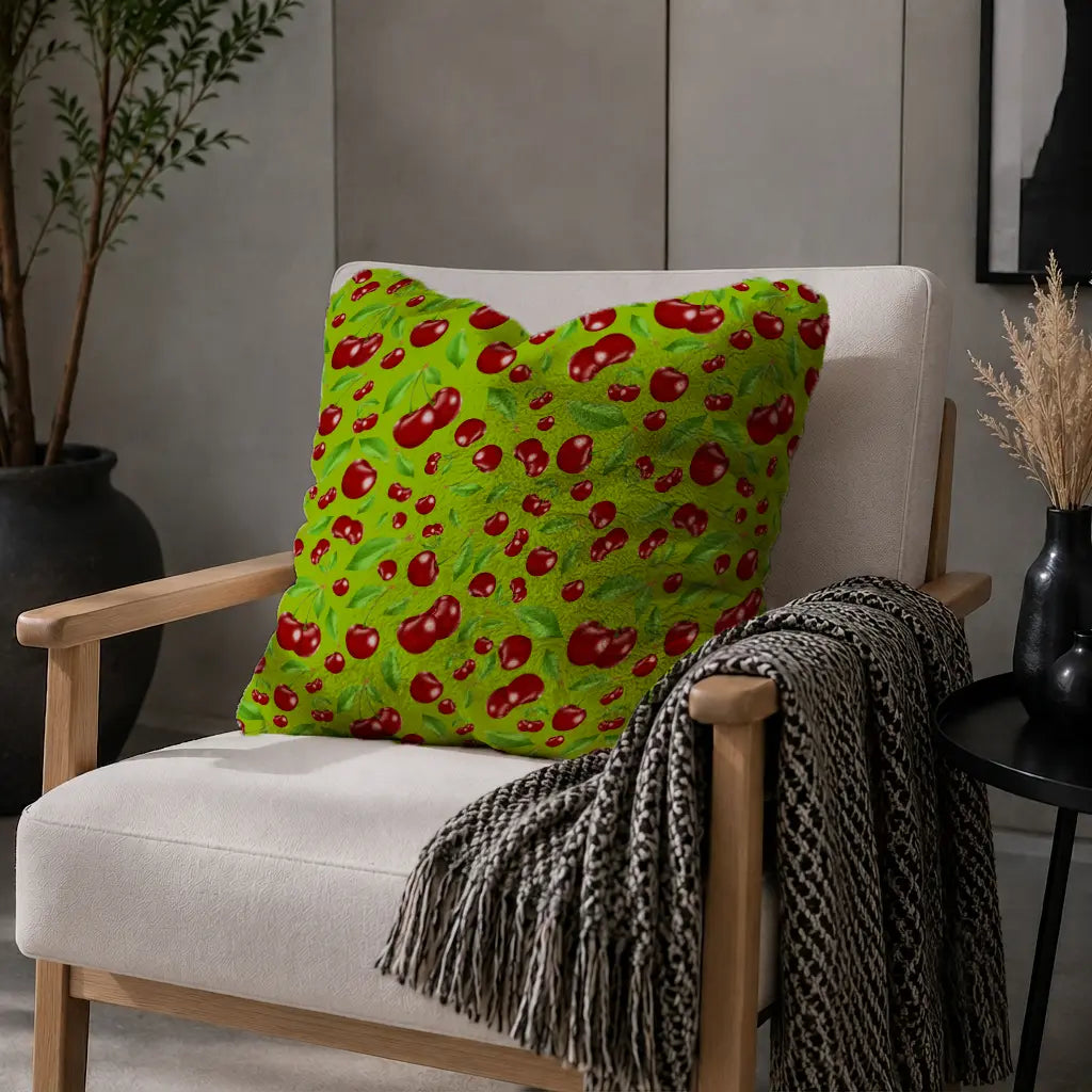 Decoratief Kussen Kersen – Limoengroene Print