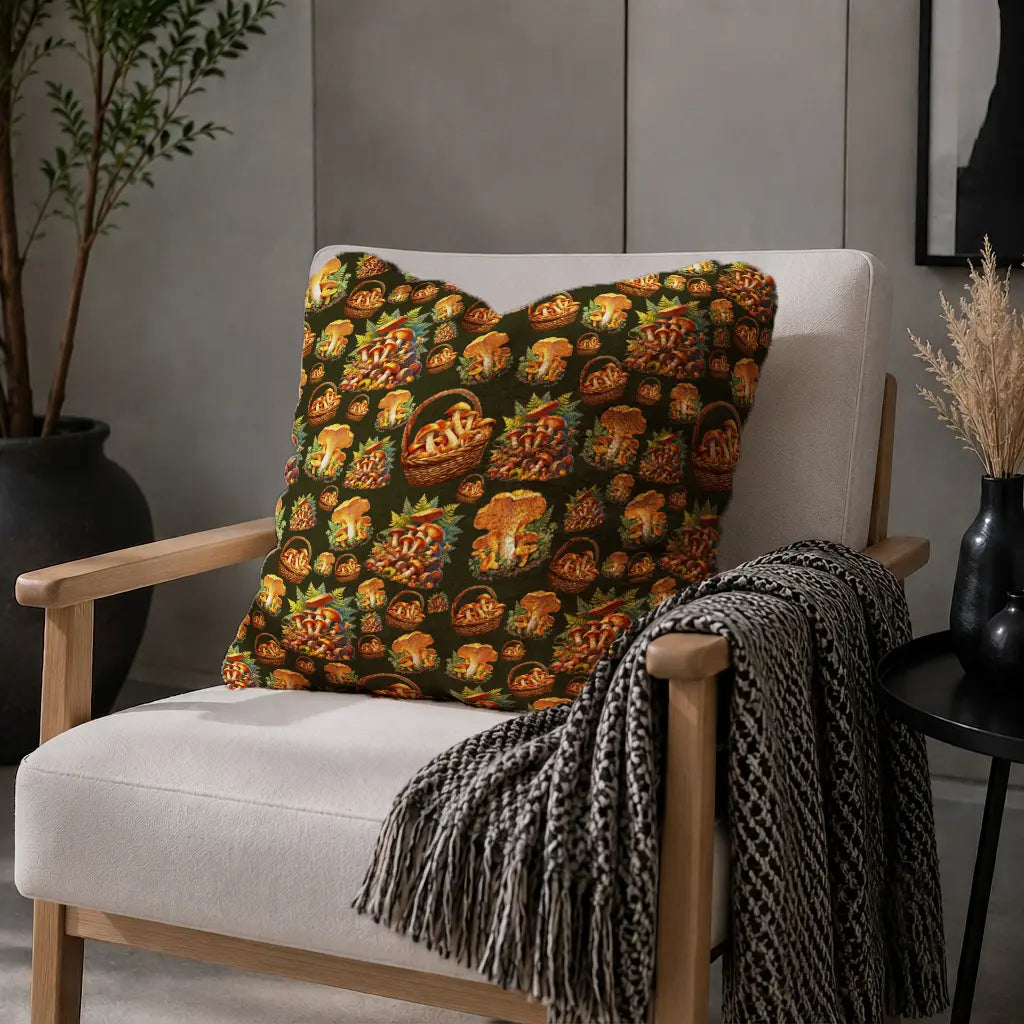 Decoratief Kussen Bospaddestoelen – Donkergroene Achtergrond