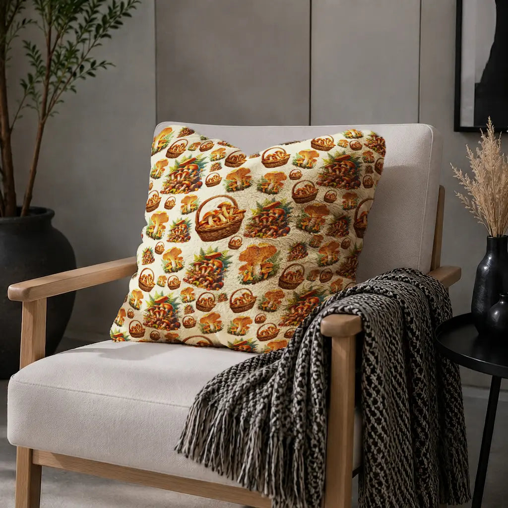 Decoratief Kussen Bospaddestoelen – Crèmekleurige Achtergrond