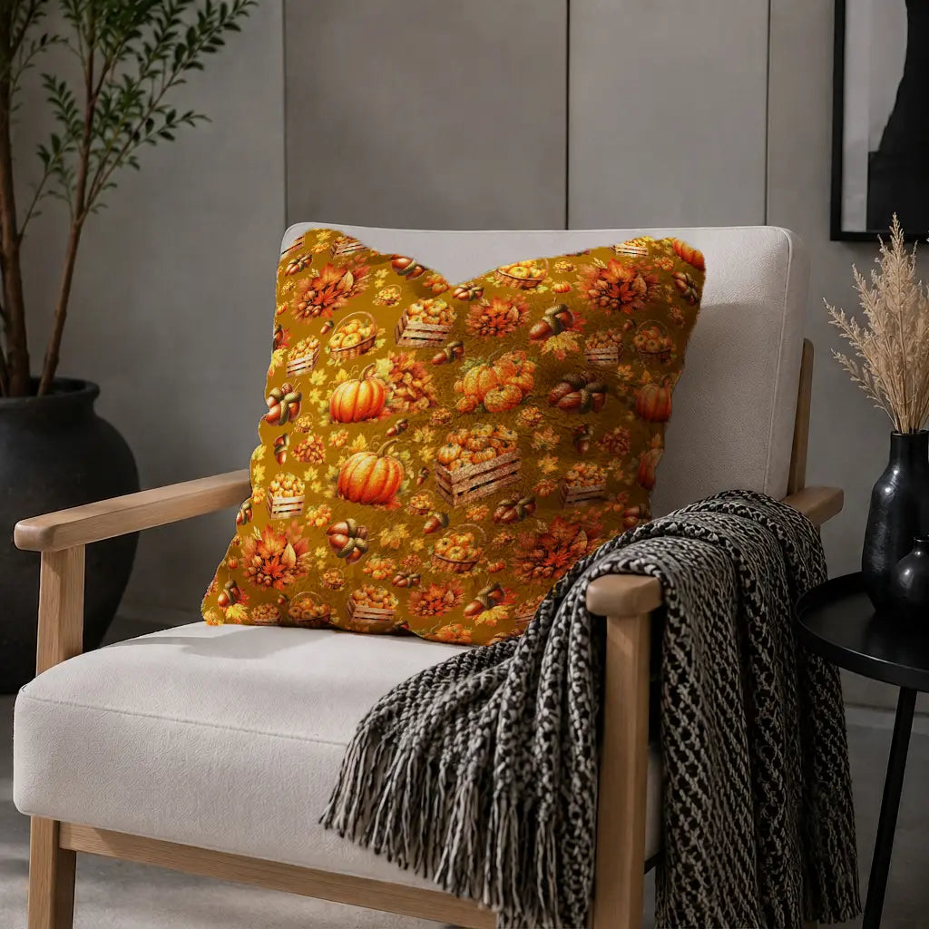 Decorative Cushion Pumpkins & Autumn Harvest – Gold-Brown Background