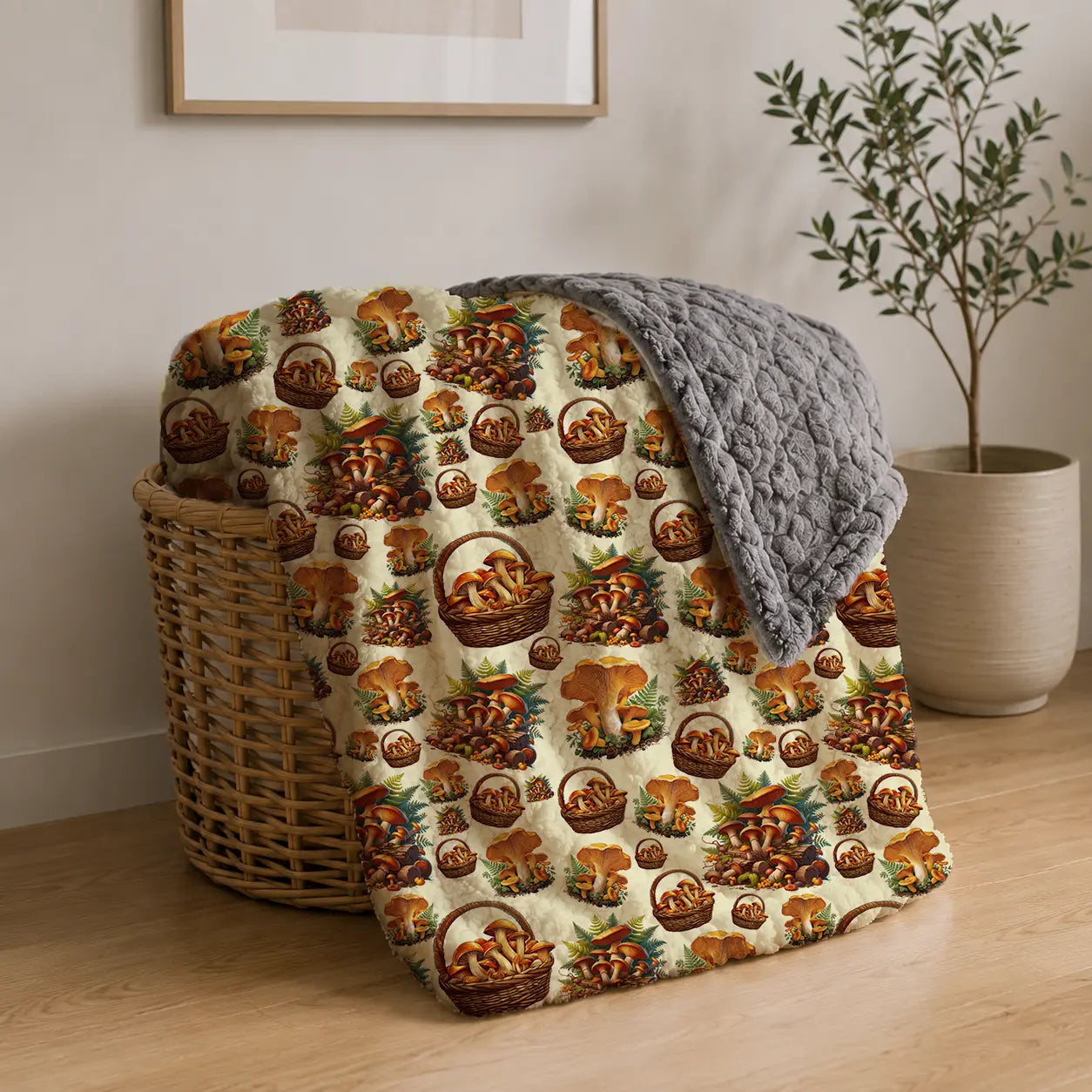 Pluchen Deken Bospaddestoelen – Crèmekleurige Achtergrond