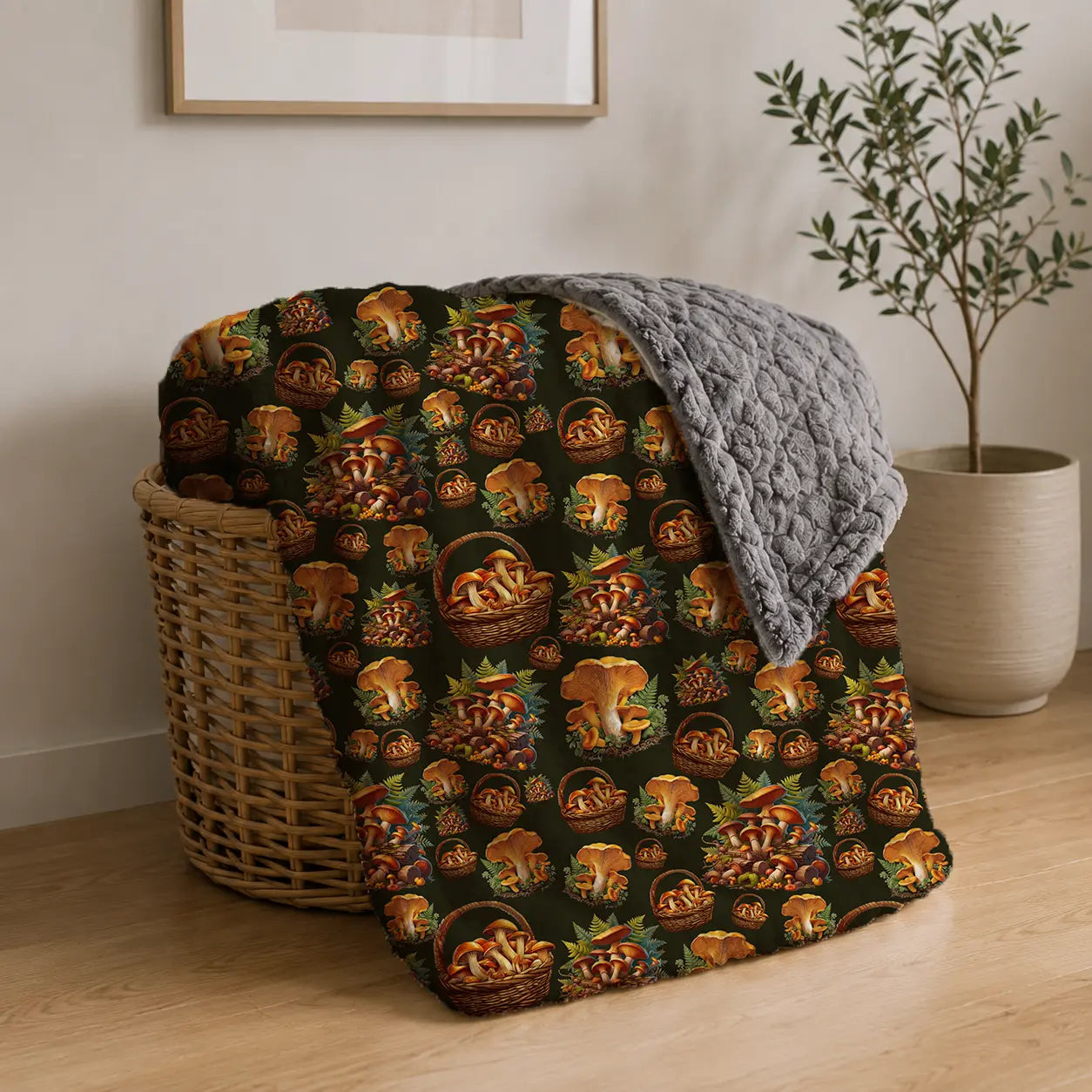 Pluchen Deken Bospaddestoelen – Donkergroene Achtergrond