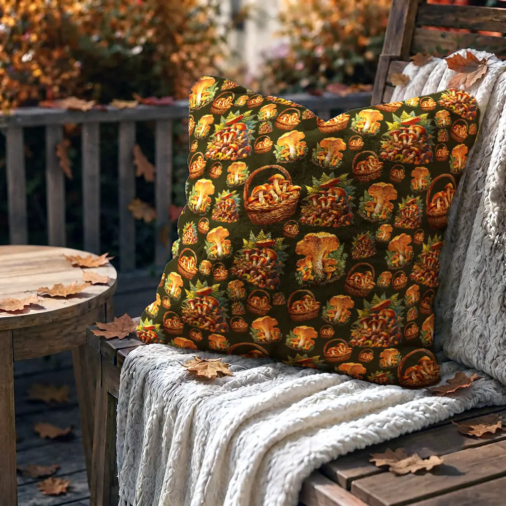 Decoratief Kussen Bospaddestoelen – Donkergroene Achtergrond