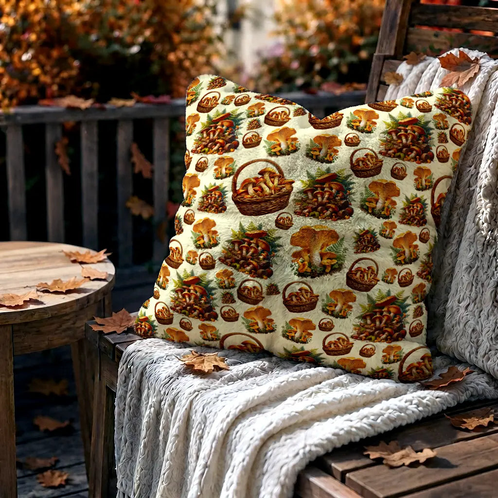 Decoratief Kussen Bospaddestoelen – Crèmekleurige Achtergrond
