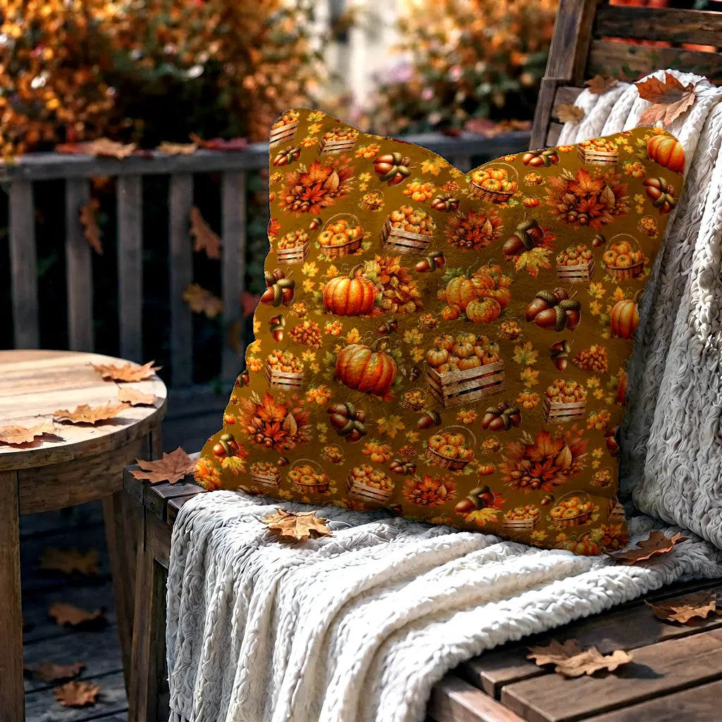 Decorative Cushion Pumpkins & Autumn Harvest – Gold-Brown Background