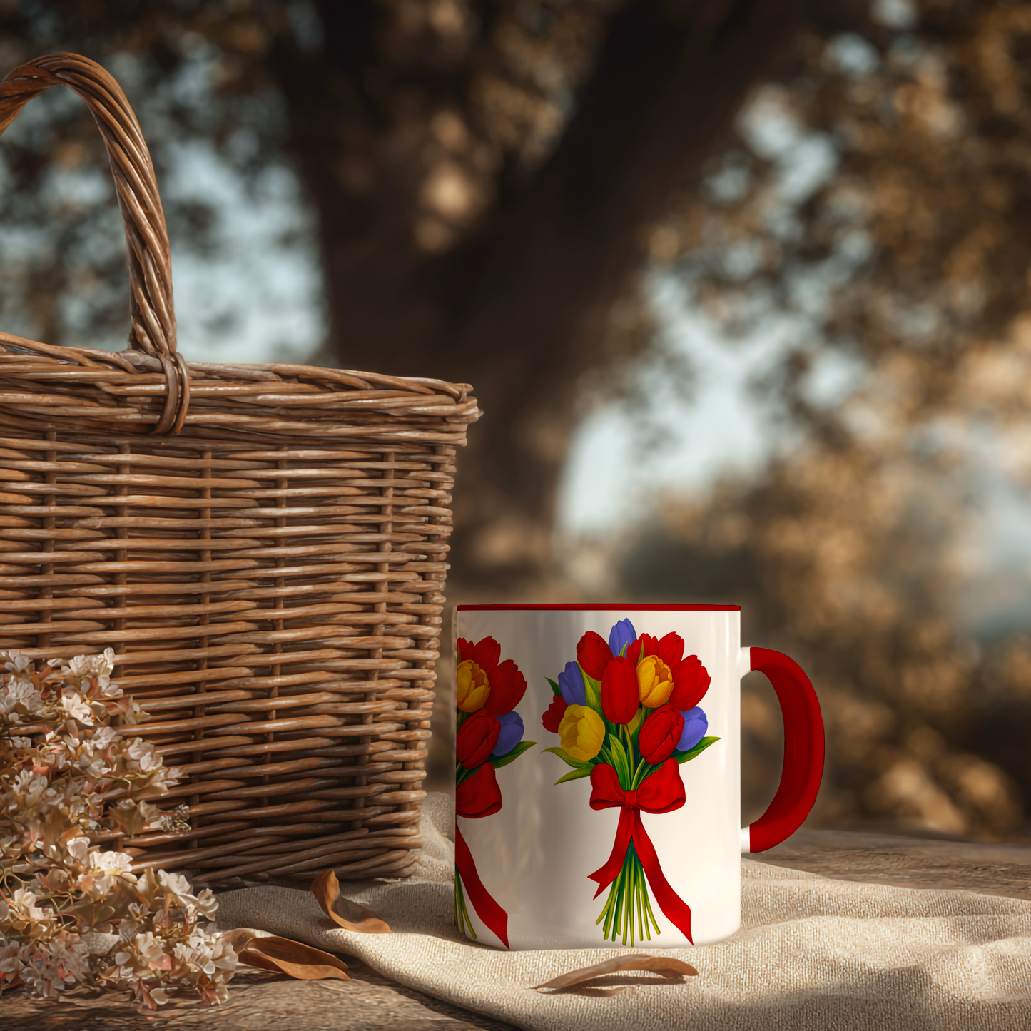 Tulpenboeket – Keramische Mok met Rode Handvat