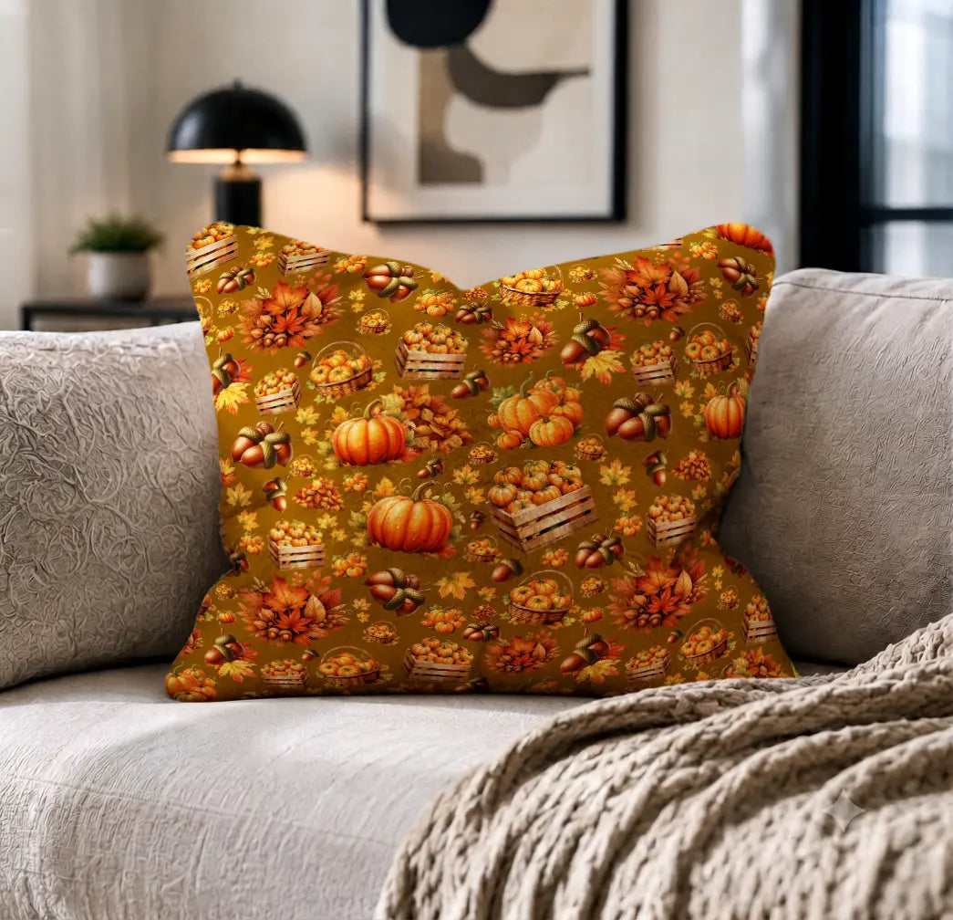 Decorative Cushion Pumpkins & Autumn Harvest – Gold-Brown Background
