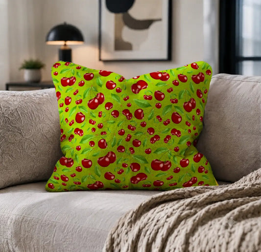 Decoratief Kussen Kersen – Limoengroene Print
