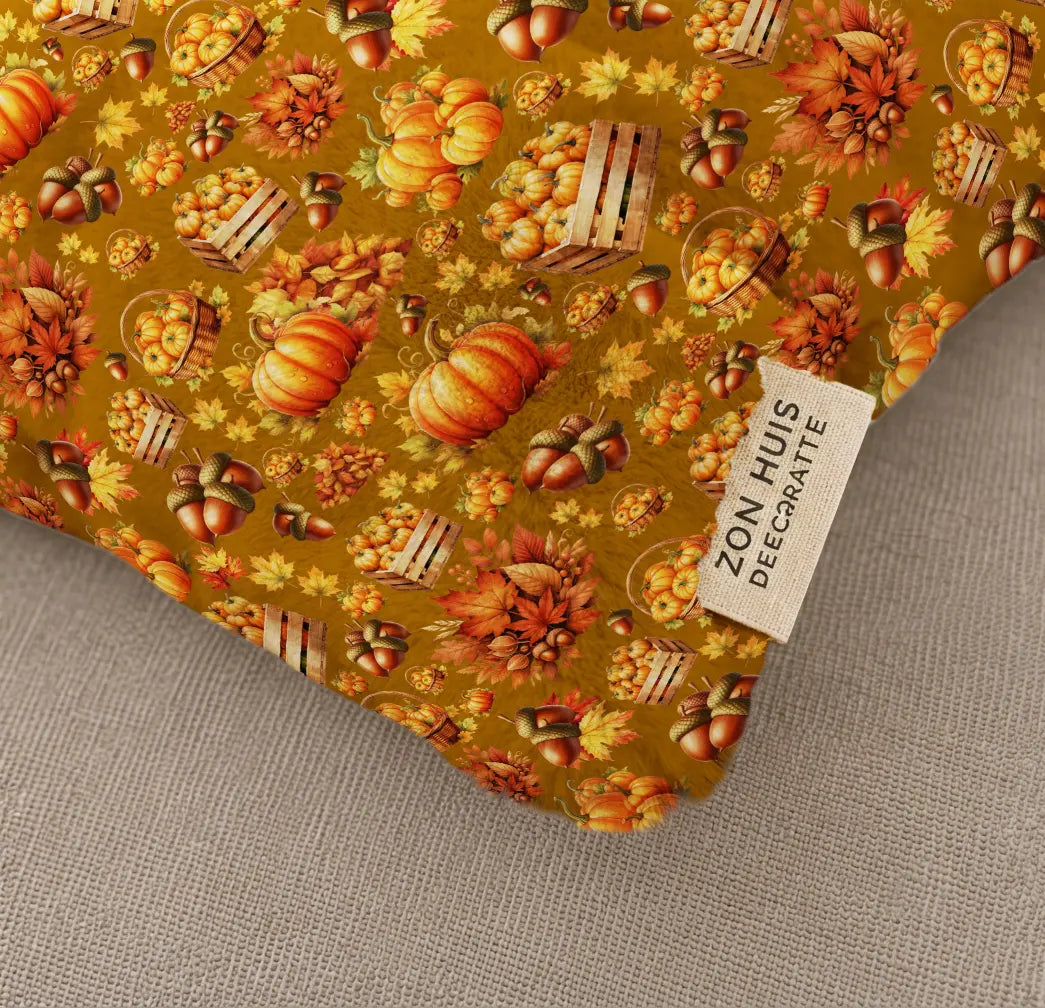 Decorative Cushion Pumpkins & Autumn Harvest – Gold-Brown Background