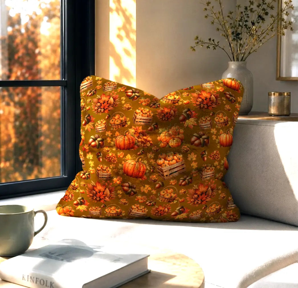 Decorative Cushion Pumpkins & Autumn Harvest – Gold-Brown Background