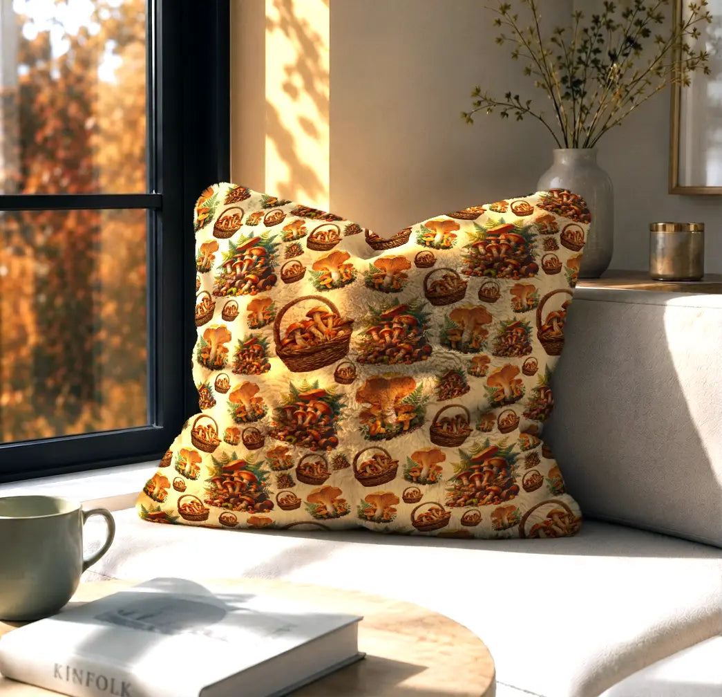 Decoratief Kussen Bospaddestoelen – Crèmekleurige Achtergrond