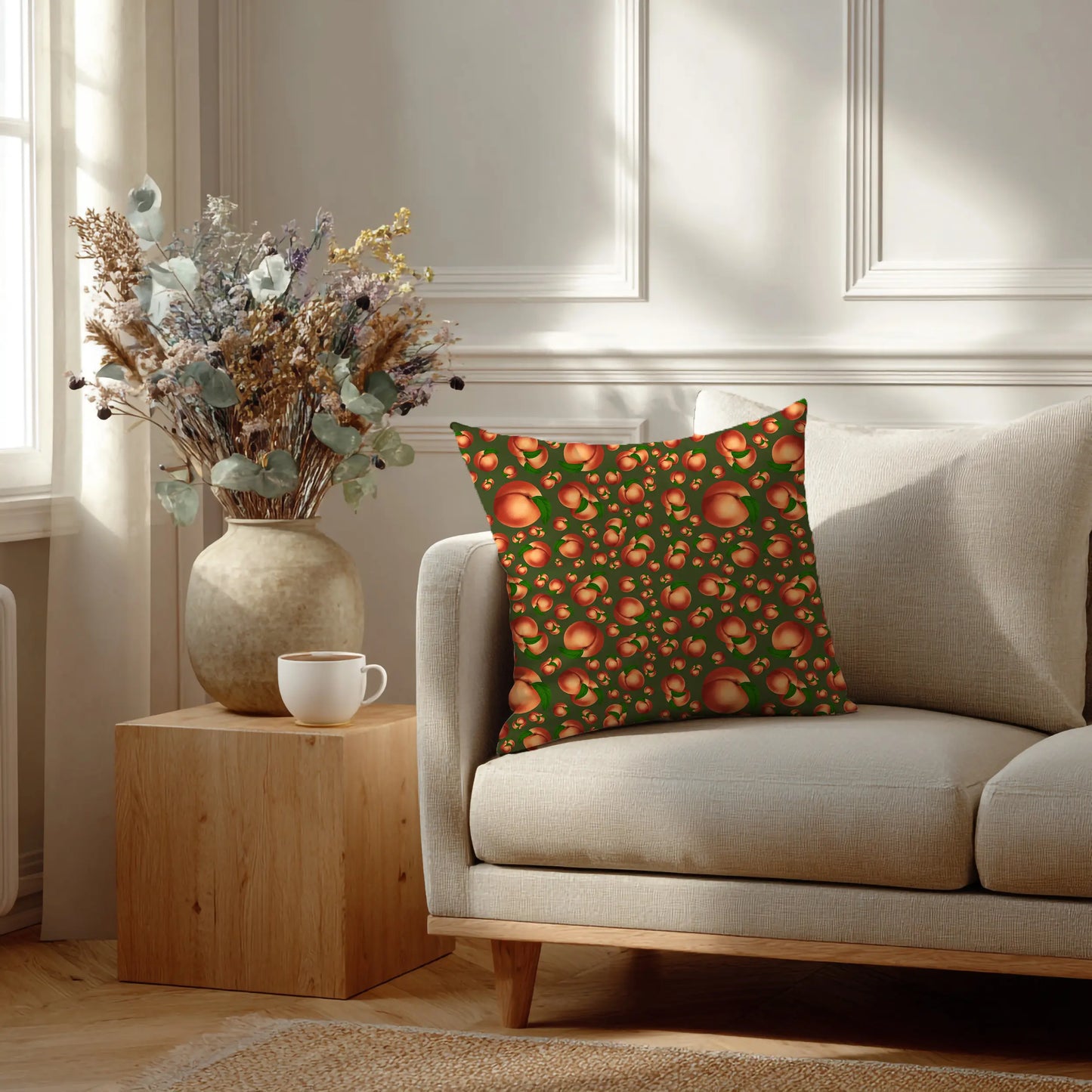 Decoratief Kussen Perziken – Olijfgroene Print 30x30 cm