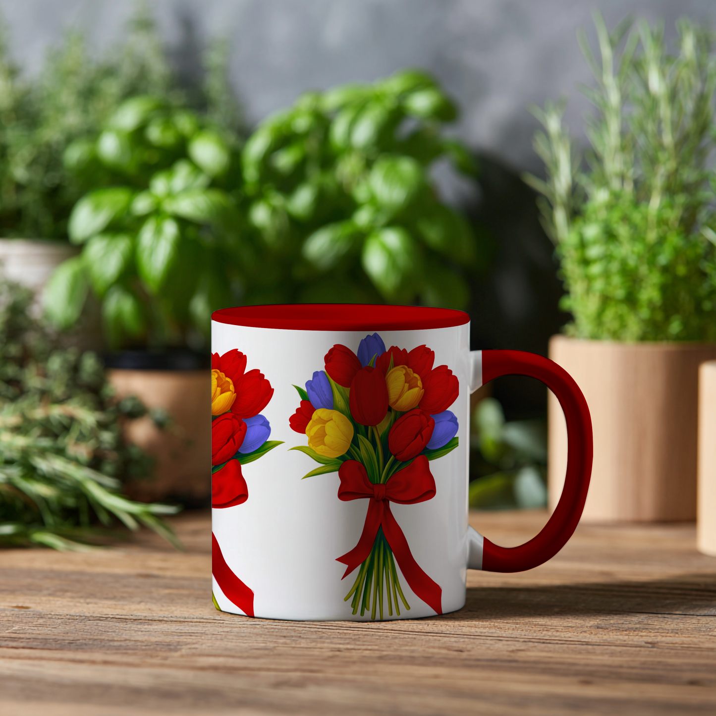 Tulpenboeket – Keramische Mok met Rode Handvat