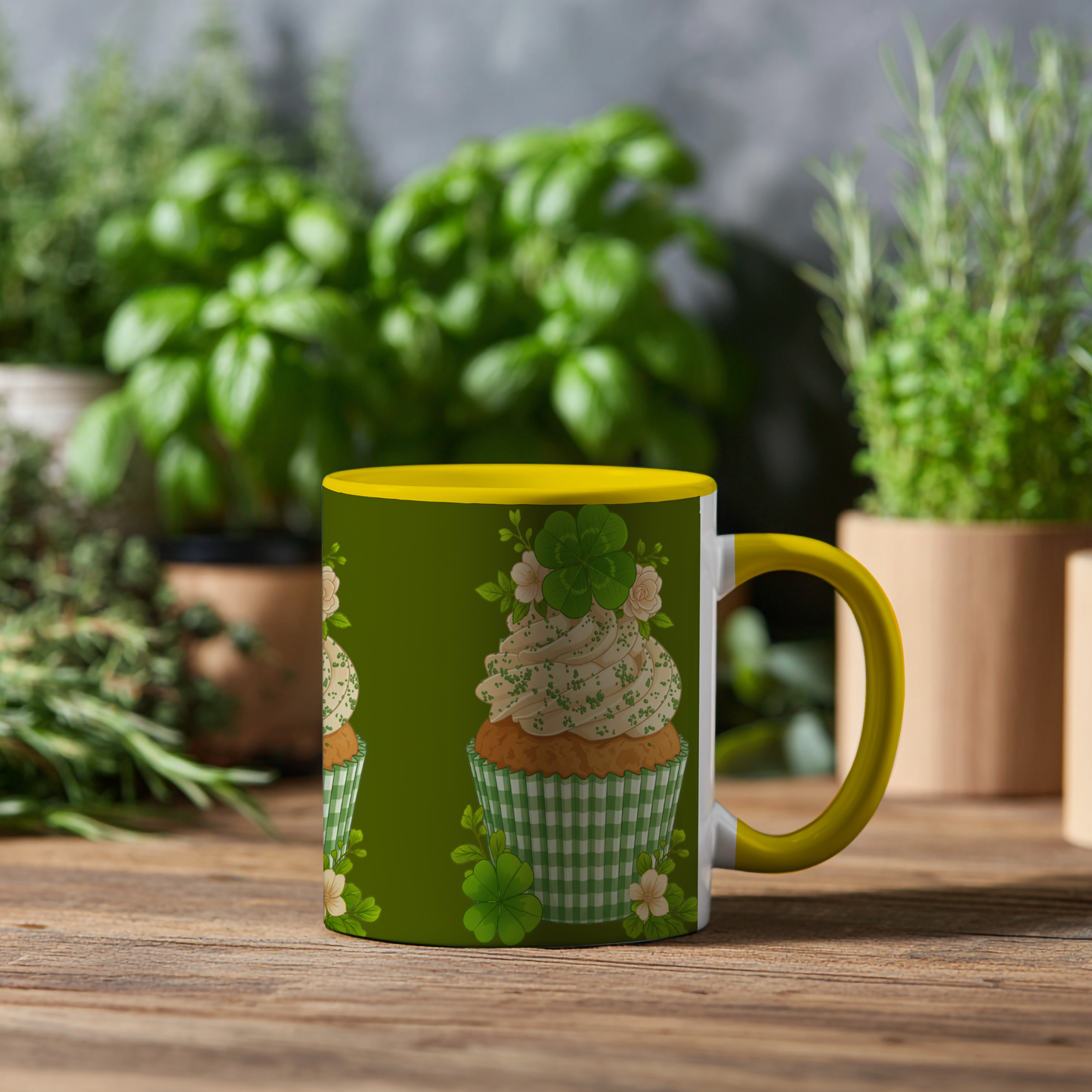 Groene Cupcake – Keramische Mok met Geel Handvat