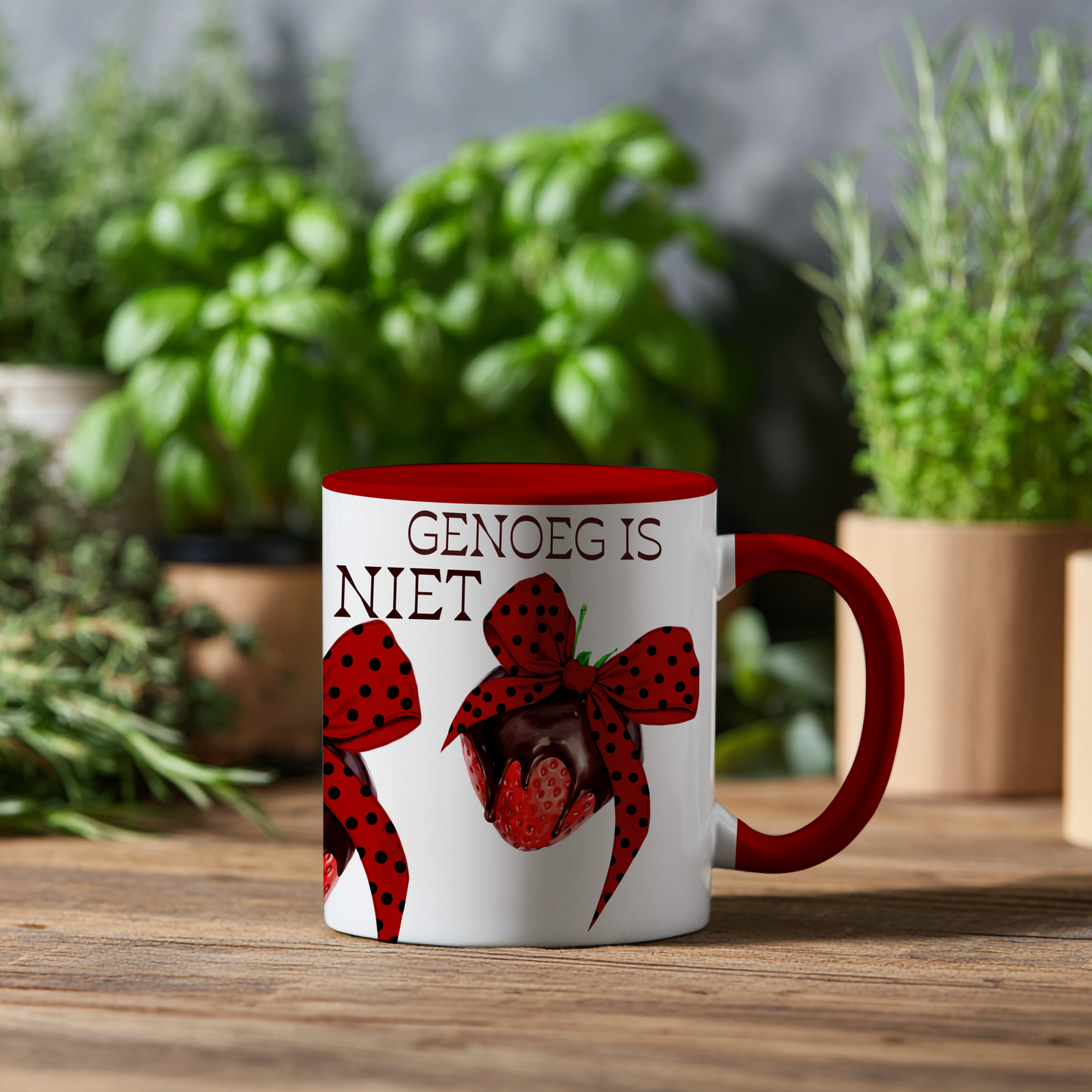 Chocolade Aardbei – Keramische Mok met Rode Handvat