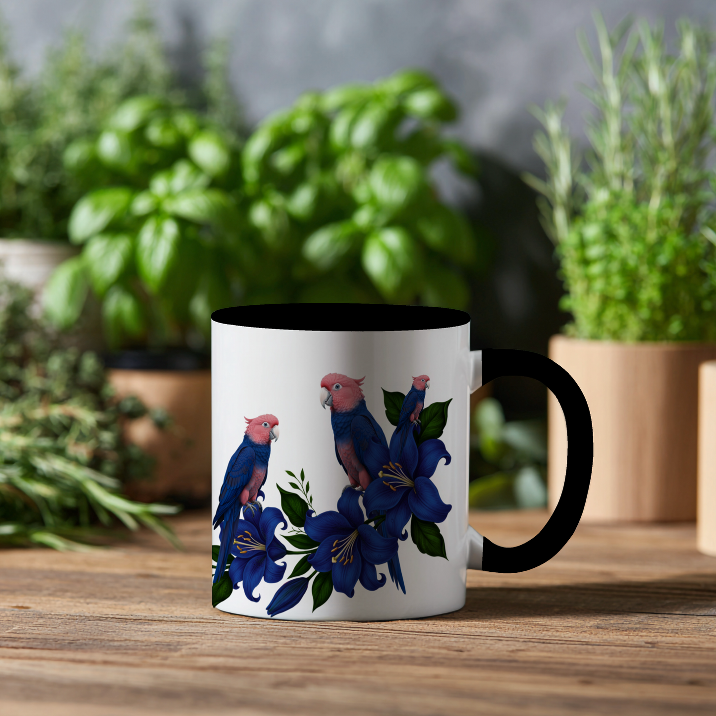 Blauwe Kaketoes – Keramische Mok met Zwart Handvat